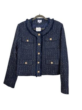 PLM Blazer Suit Jacket Womens Sz XL Sequins Navy Blue Textured Gold Buttons